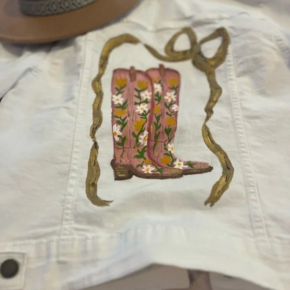 🎀Hand Painted White Denim Jacket with Floral Boot Design - Picture 8 of 13